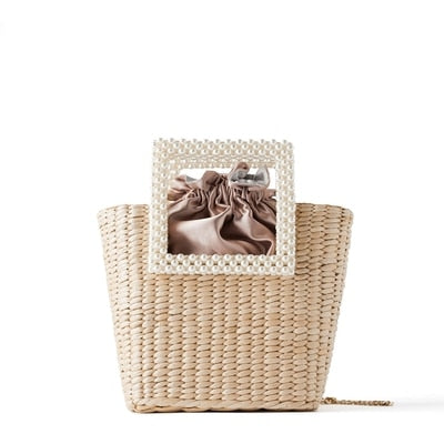 Small Straw Bag with Pearl Decoration