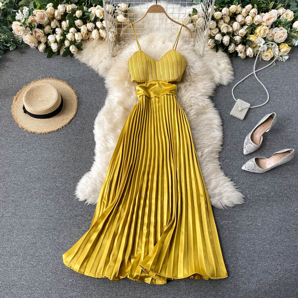 Vestido Longo Plissado Alcinha Decote V