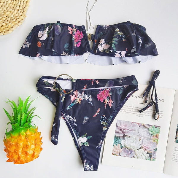 Conjunto de Biquíni Cintura Alta com Babados Floral