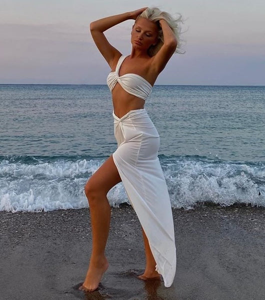 One Shoulder Crop Top and Long Skirt with Slit Set