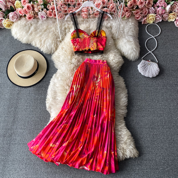 Pleated Midi Skirt and V-Neck Floral Print Cropped Top Set