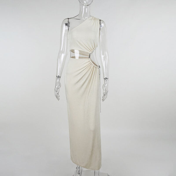 Vestido Longo com Fenda Ombro Único Recorte na Cintura