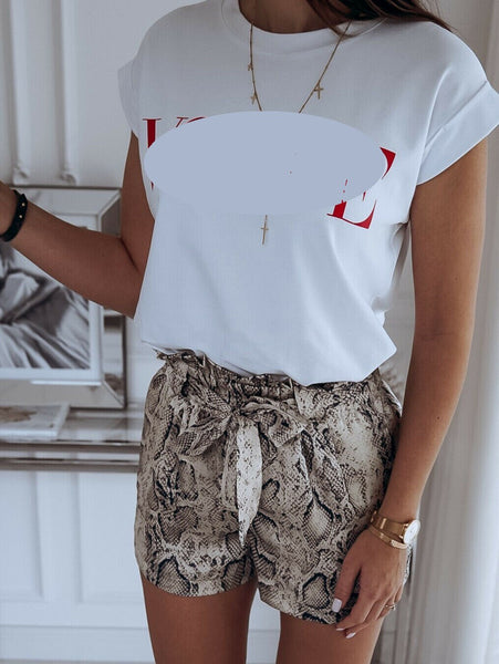 Shorts Cintura Alta com Amarração Animal Print Cobra