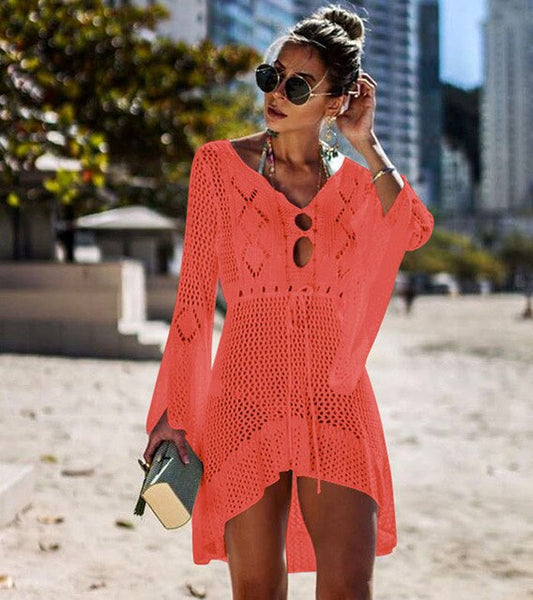 Short Crochet Beach Cover-up with Flare Sleeves