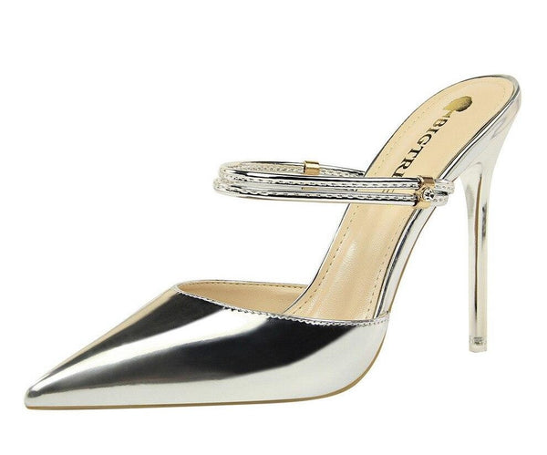 Scarpin Mule Metalizado Salto Alto Fino