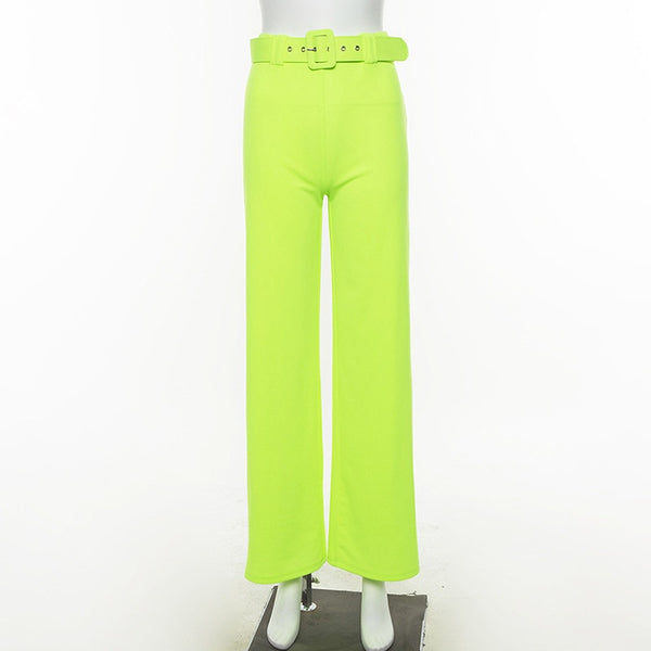 Calça Cintura Alta com Cinto Perna Larga Lycra