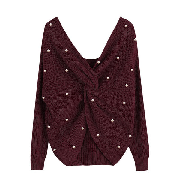 Blusa Solta de Lã Manga Longa com Pérolas