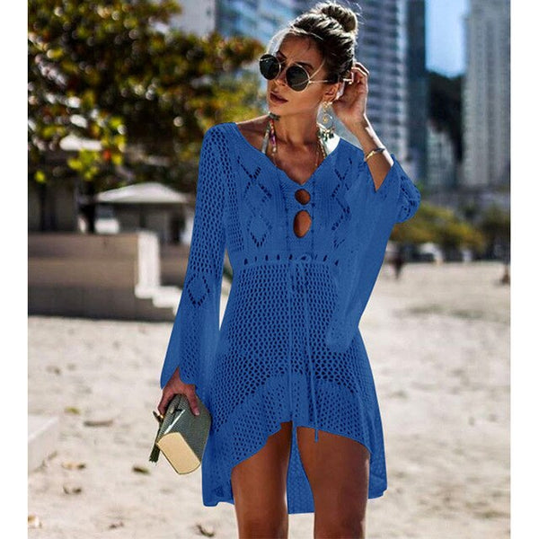 Short Crochet Beach Cover-up with Flare Sleeves