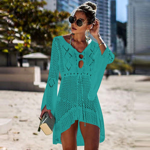 Short Crochet Beach Cover-up with Flare Sleeves