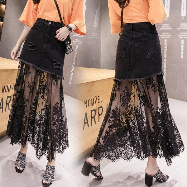 Long Lace Jeans Skirt