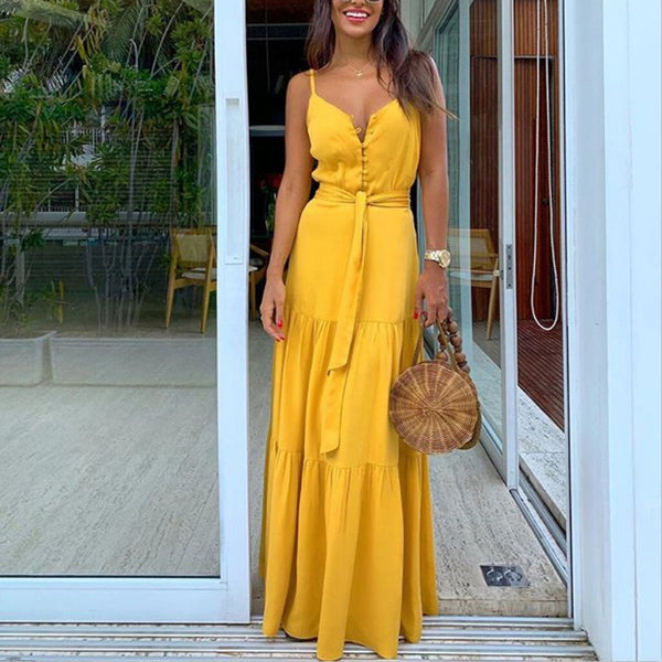 Vestido Longo de Alcinha Com Botões e Amarração