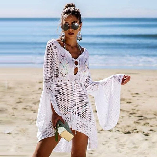 Short Crochet Beach Cover-up with Flare Sleeves