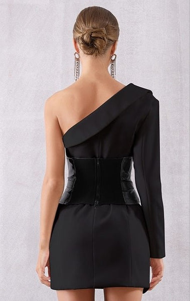 Vestido Curto de Festa com Manga Longa Única e Decote V