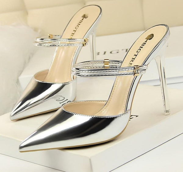 Scarpin Mule Metalizado Salto Alto Fino