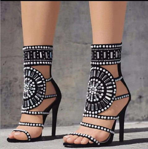 Gladiator Sandals with Crystals, Thin High Heel