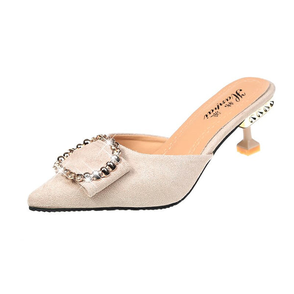 Scarpin Mule com Fivela de Cristal Salto Baixo Fino