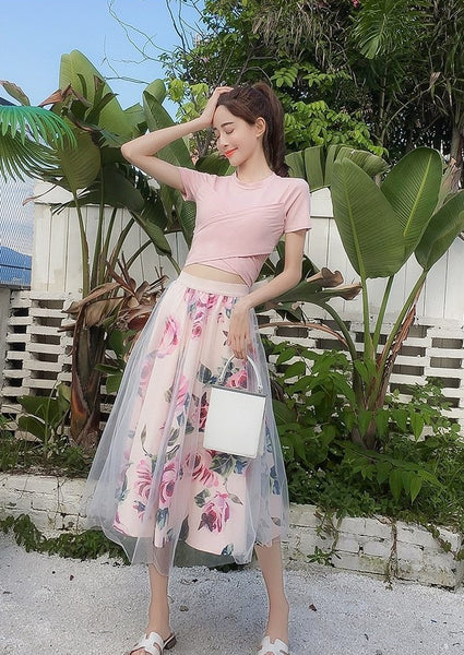 Conjunto Saia Midi Solta Floral e Blusa Manga Curta com Transpasse