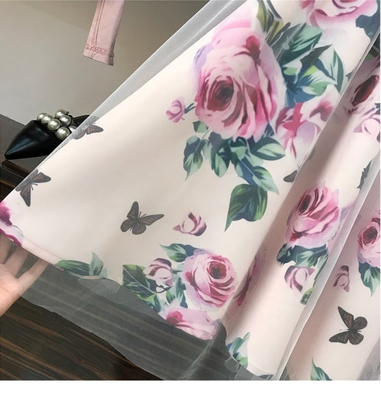 Conjunto Saia Midi Solta Floral e Blusa Manga Curta com Transpasse