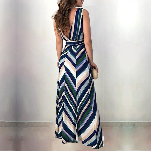 Vestido Longo Azul Listrado Amarração - Frete Grátis