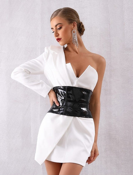 Vestido Curto de Festa com Manga Longa Única e Decote V
