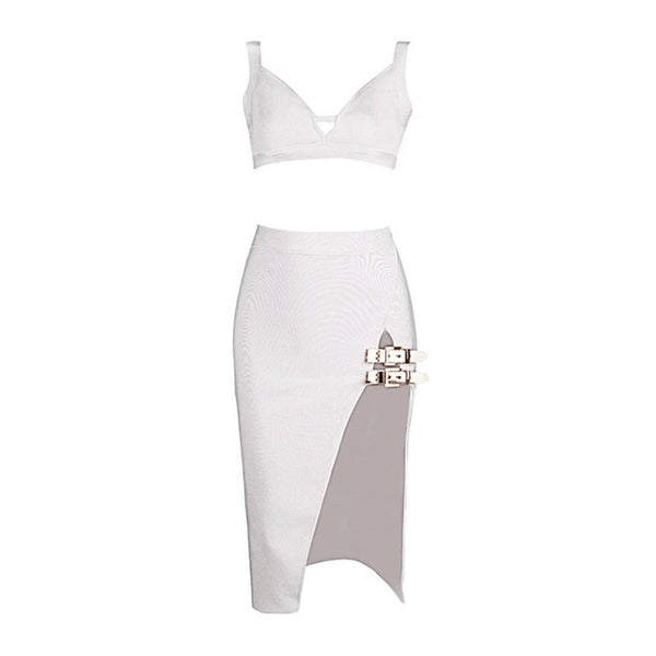 Conjunto Top Curto Decote V e Saia Midi com Fenda e Fivela