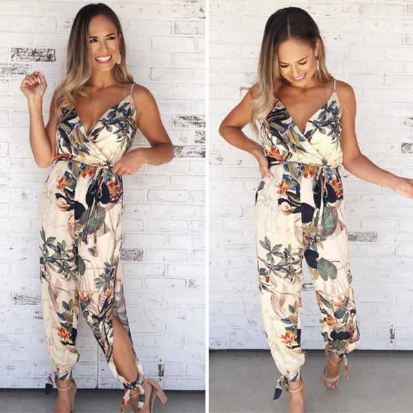 Floral V-neck Loose Strappy Jumpsuit 