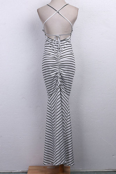 Striped Strapless Long Dress with Open Back
