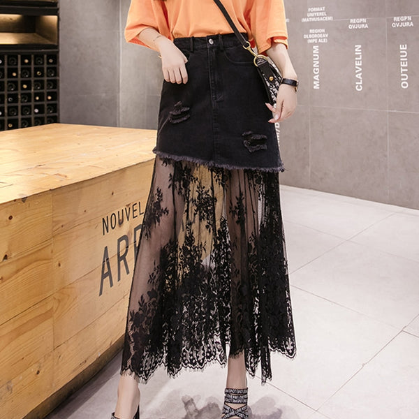 Long Lace Jeans Skirt