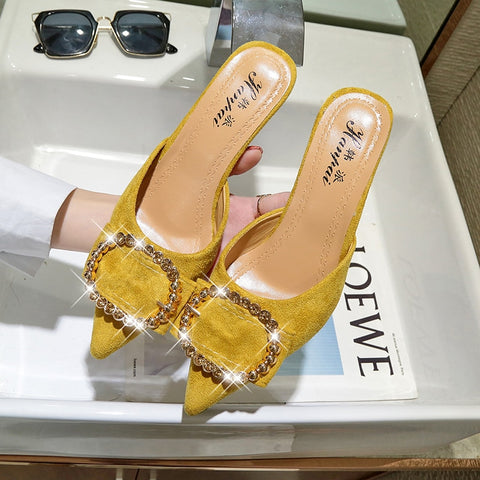 Mule Pump with Crystal Buckle Low Thin Heel