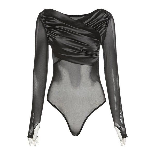 Body Preto Manga Longa em Tule com Cetim