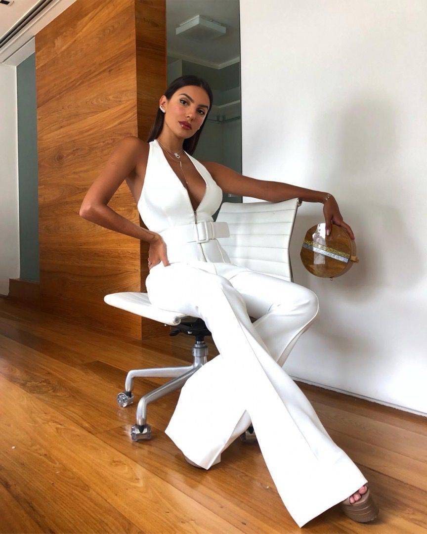 White Jumpsuit V-neck Open Back with Belt