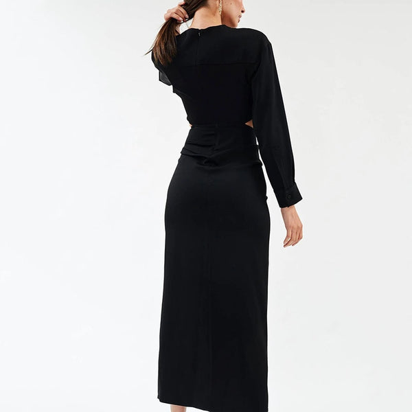 Vestido Longo Aberto no Abdômen Decote V Manga Longa