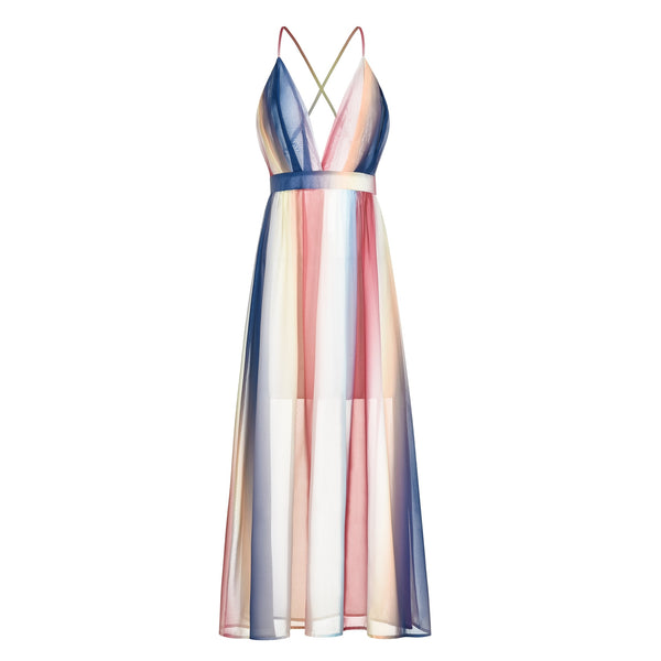 Vestido Longo de Alcinha Decote V Listrado Bloco de Cores