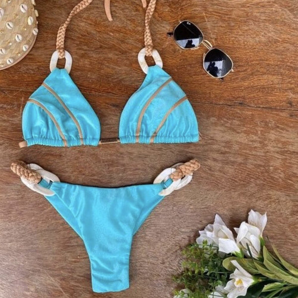 Bikini Set with Padded Bra and Gold Straps
