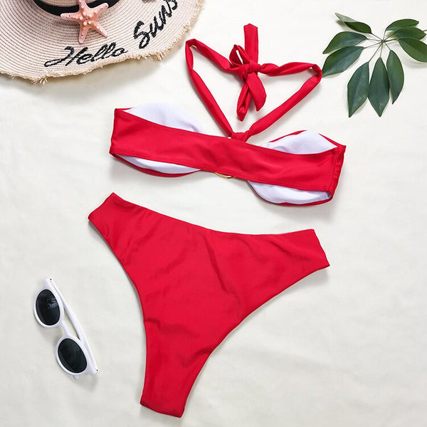 Conjunto de Biquíni Vermelho Cintura Alta