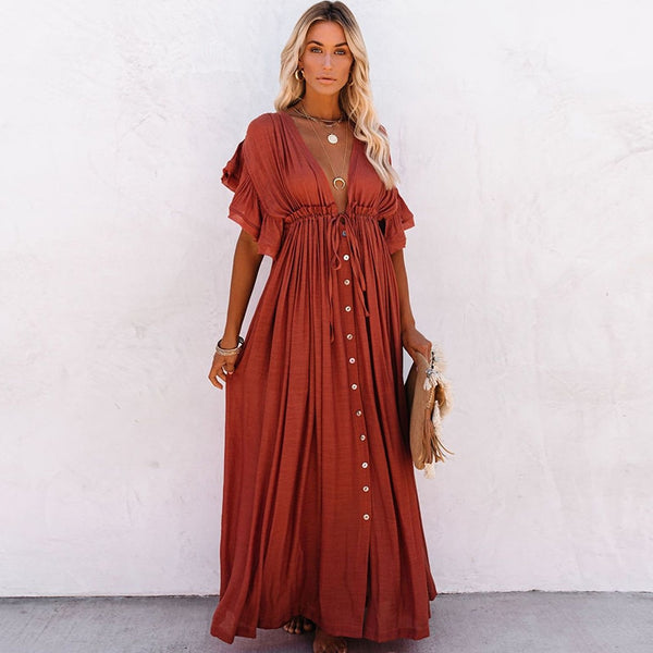 Vestido Túnica Longo com Mangas Curtas Decote V