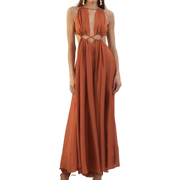 Vestido Longo Solto Sem Mangas Recorte na Cintura e Decote V