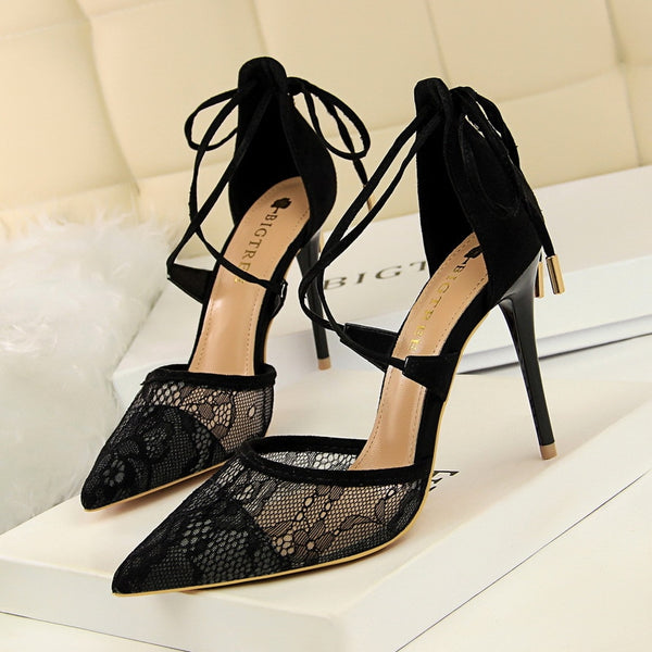 Pumps with Lace and Ties, Thin High Heel