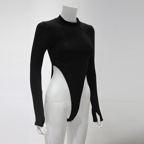 Body Cavado na Cintura Manga Longa Preto