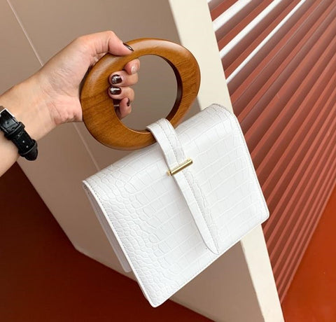 Small Leather Bag with Wooden Handle