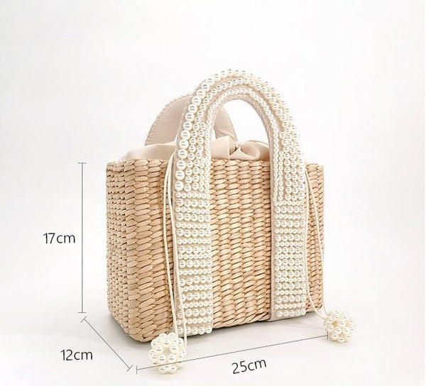 Bolsa Pequena Artesanal de Mão com Palha e Pérolas