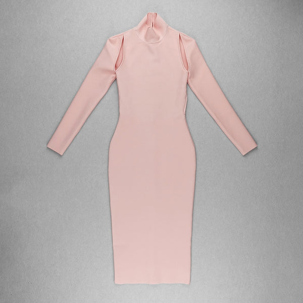 Vestido Midi Justo com Gola Alta e Manga Longa Costas Abertas
