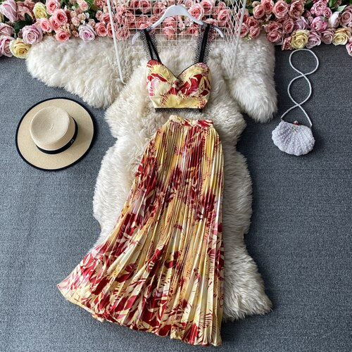 Pleated Midi Skirt and V-Neck Floral Print Cropped Top Set