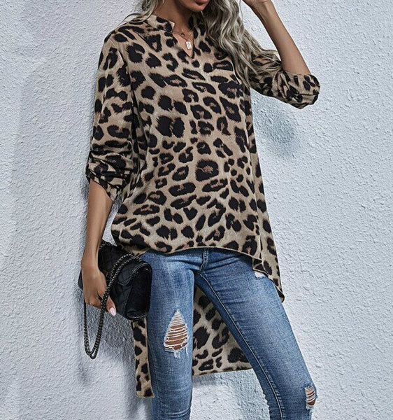 Camisa Alongada Assimétrica Manga Longa Animal Print Onça