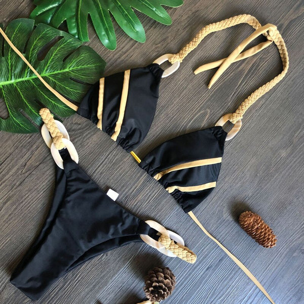 Bikini Set with Padded Bra and Gold Straps