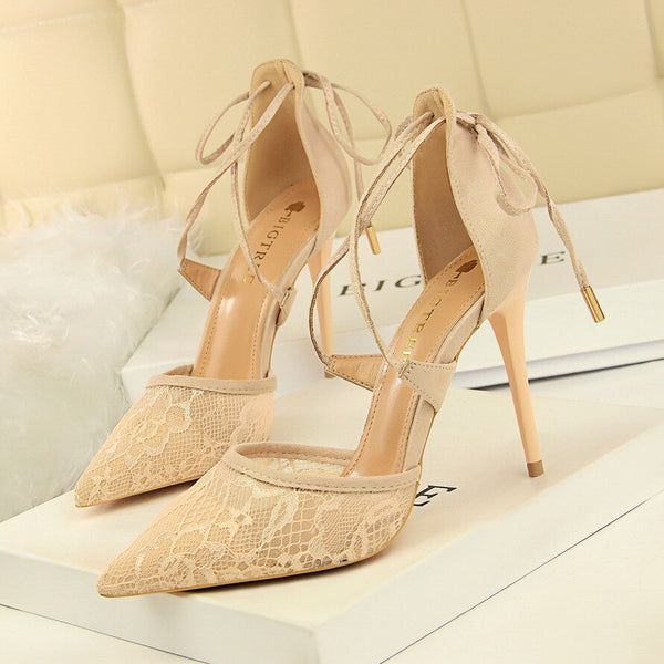 Pumps with Lace and Ties, Thin High Heel
