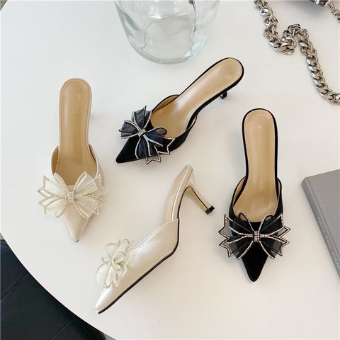 Leather Mule Pumps with Thin Medium Heel and Bow