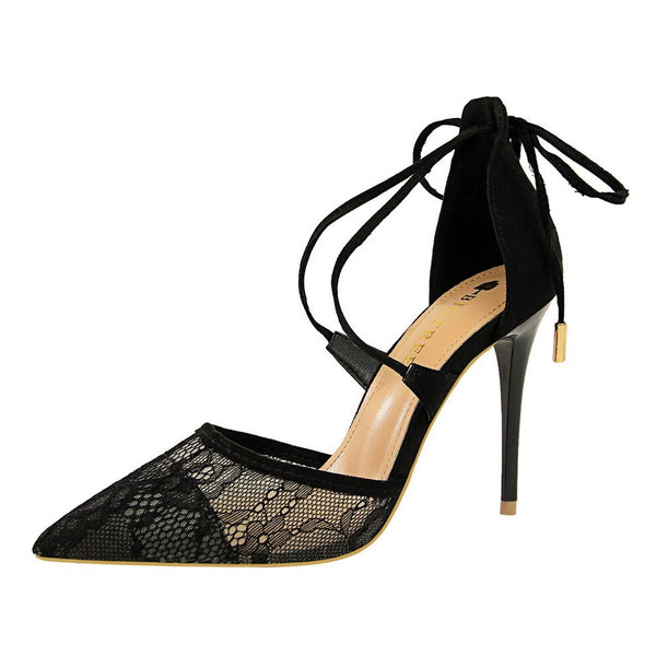 Pumps with Lace and Ties, Thin High Heel