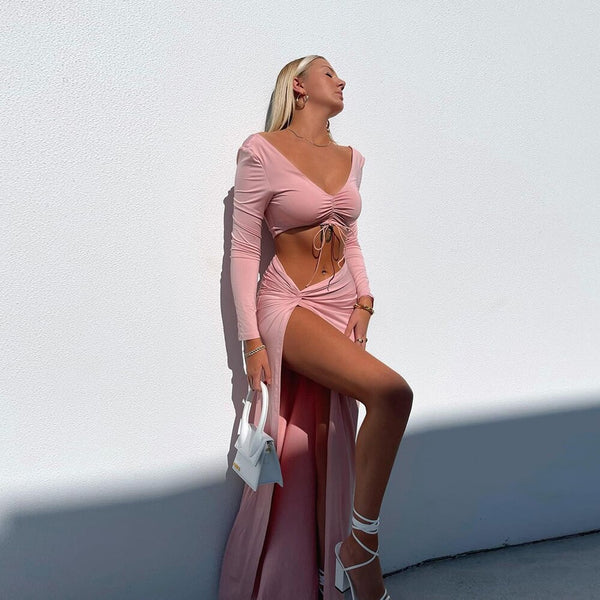 Cropped Long Sleeve V-Neckline Set and Long Skirt with Slit Beach