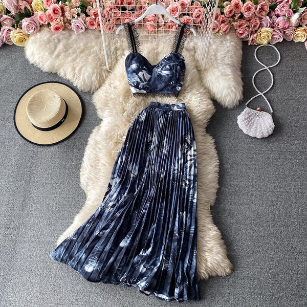 Pleated Midi Skirt and V-Neck Floral Print Cropped Top Set